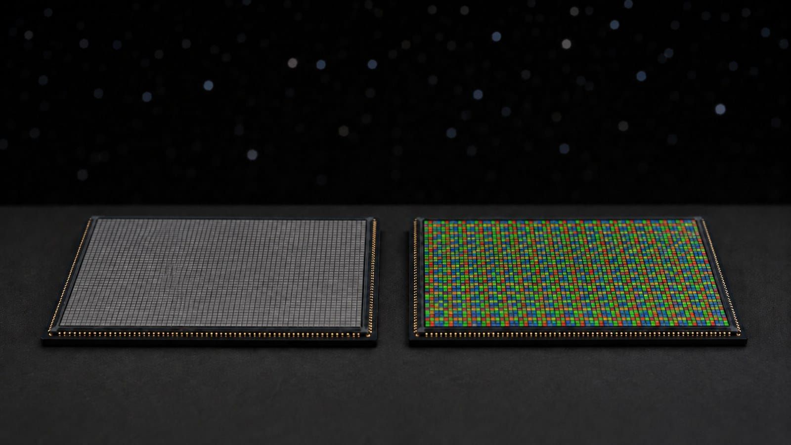 Two identical CMOS sensor dies side by side: a bare monochrome sensor, and the same chip under a red-green-green-blue Bayer colour filter array - mono vs color astrophotography.