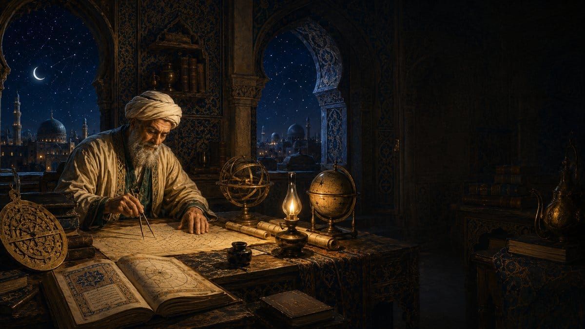 A Muslim astronomer of the Islamic Golden Age charting the stars by candlelight with a brass astrolabe and celestial globe