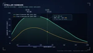 Quantum efficiency curve for astronomy cameras, comparing a back-illuminated CMOS sensor peaking near 91% with an older front-illuminated CCD near 52%.