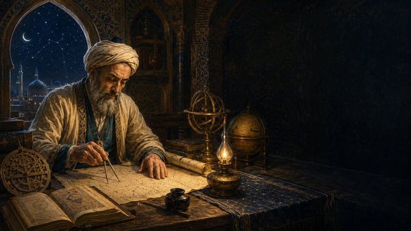 Painterly banner of Al-Biruni, the medieval Persian astronomer, measuring a star chart with brass dividers by lamplight in his study
