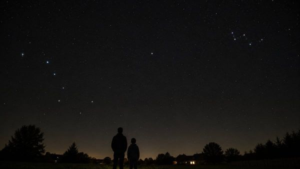 A simple constellations-for-kids star map showing the Big Dipper pointing to the North Star and Cassiopeia