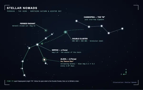 Star chart of the Perseus constellation showing Mirfak, Algol the Demon Star, the Double Cluster and the Perseid radiant