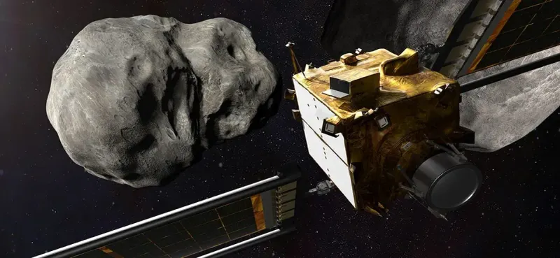 Illustration of NASA's DART planetary-defense mission approaching an asteroid