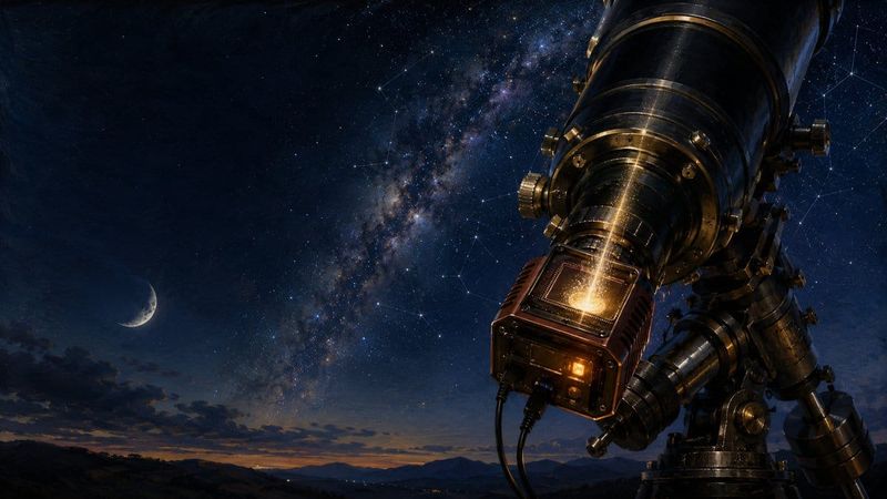 A cooled astrophotography camera at a telescope's focal plane, its sensor gathering starlight under the Milky Way — camera binning in astrophotography.