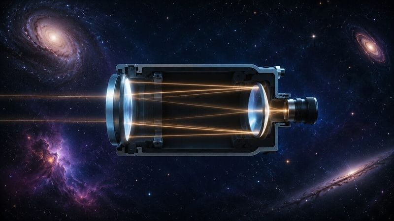 A cutaway of a catadioptric telescope showing light folding through a corrector lens and mirrors