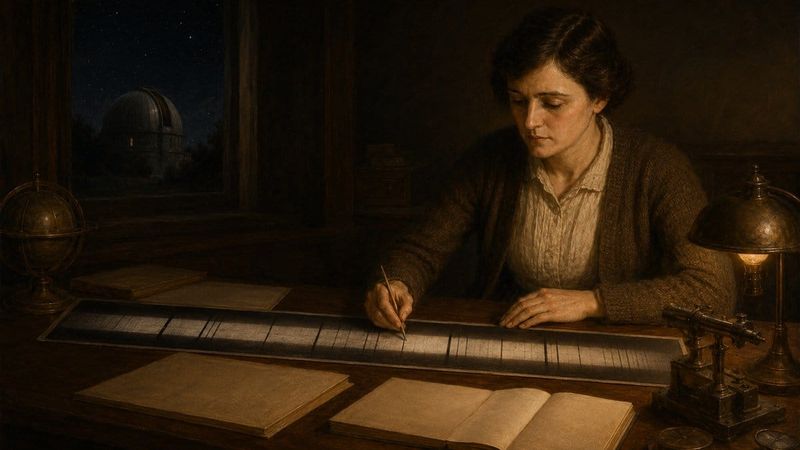 Painterly portrait of Cecilia Payne-Gaposchkin studying a stellar spectrum at Harvard College Observatory