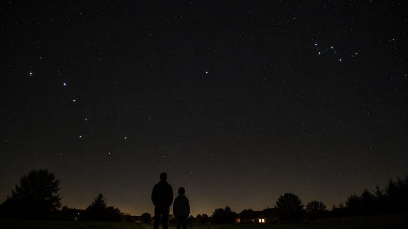 A simple constellations-for-kids star map showing the Big Dipper pointing to the North Star and Cassiopeia