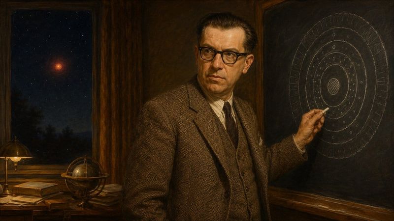 Painterly portrait of Fred Hoyle at a chalkboard sketching stellar nucleosynthesis shells