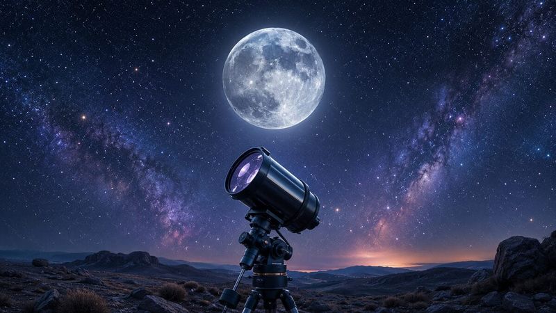 A Maksutov-Cassegrain telescope aimed at a detailed full Moon