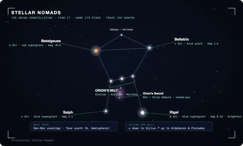 Star map of the Orion constellation with its main stars and Orion's Belt labeled