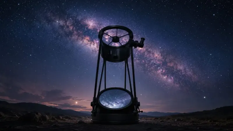 An open-tube Newtonian reflector telescope under the Milky Way, its primary mirror catching starlight