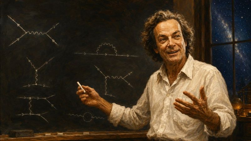 Painterly portrait of Richard Feynman at a chalkboard of particle-path diagrams