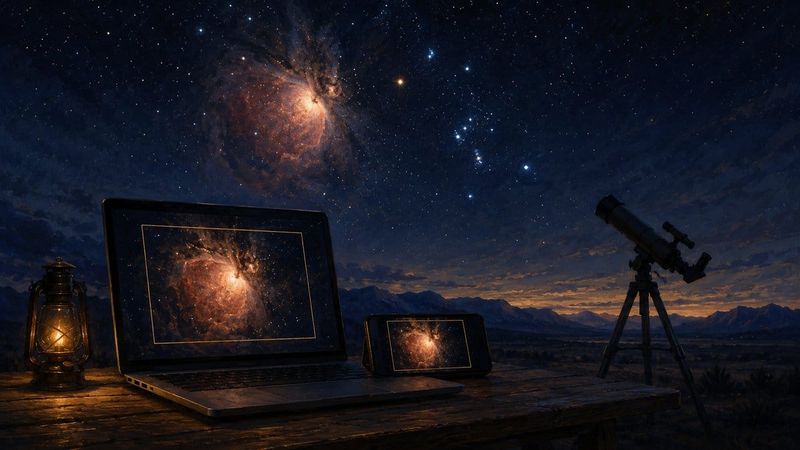 Laptop and phone showing the same telescope field of view frame over the Orion Nebula under a starry sky