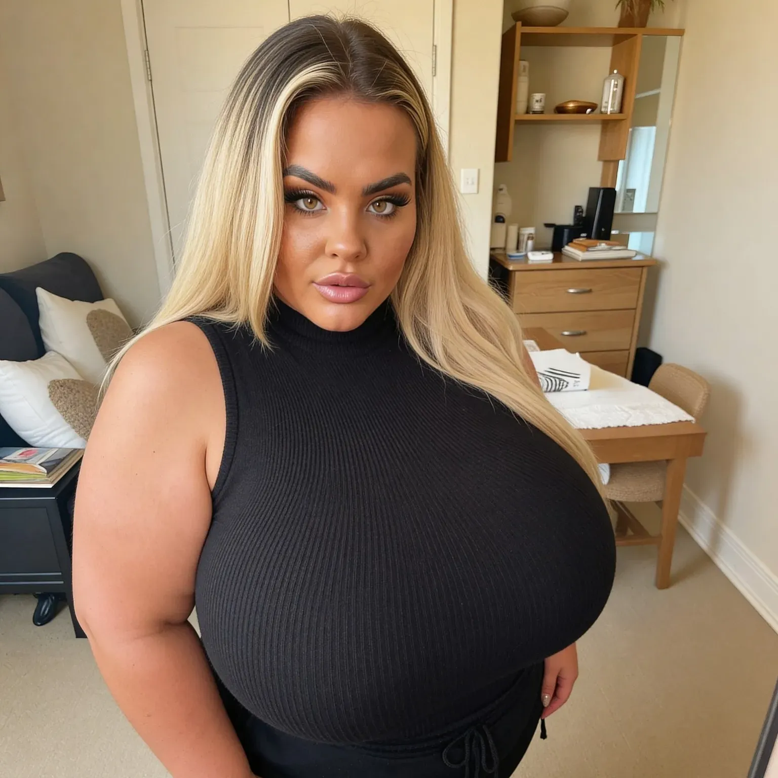 Mia Harrigan with long blonde hair in a sleeveless black ribbed top, standing in a bedroom