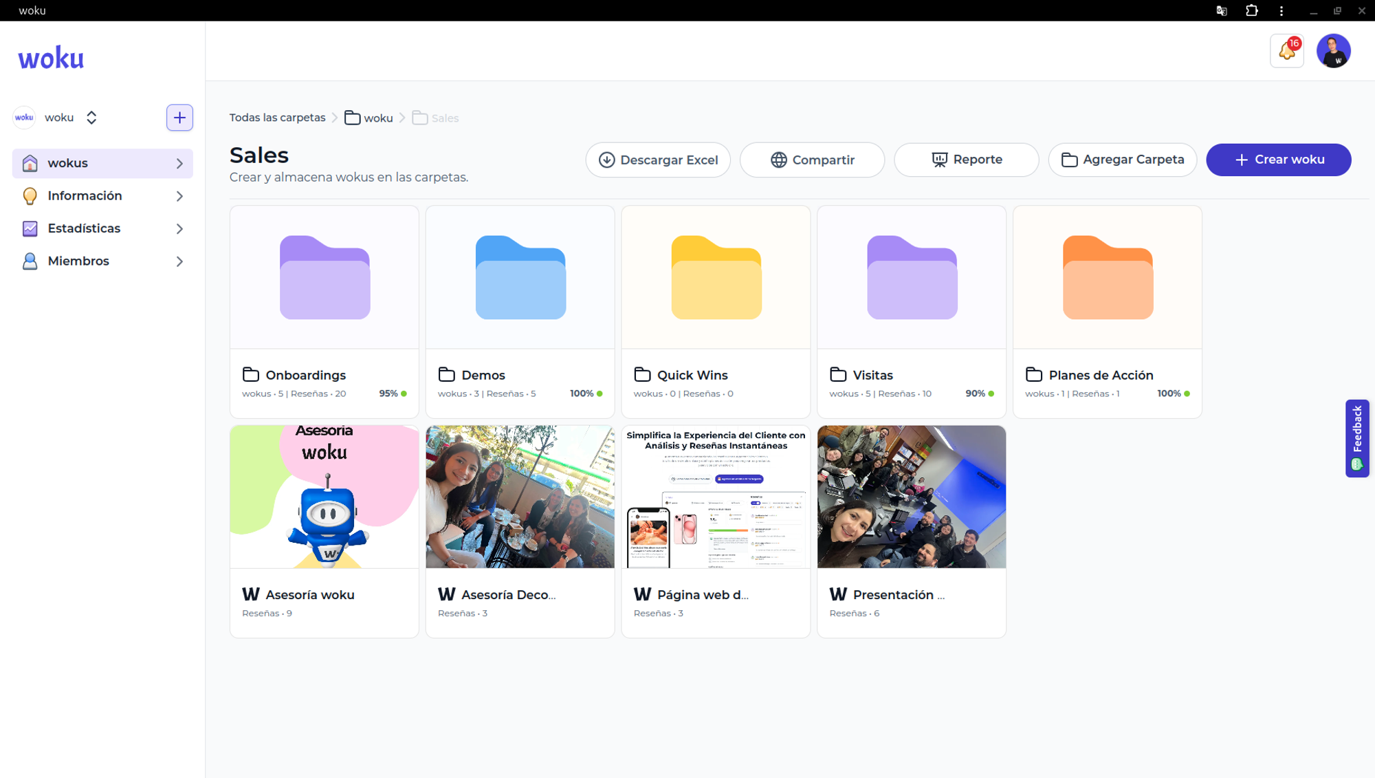 Vista de la interfaz de administración de woku. Se muestra un feed de carpetas y wokus.