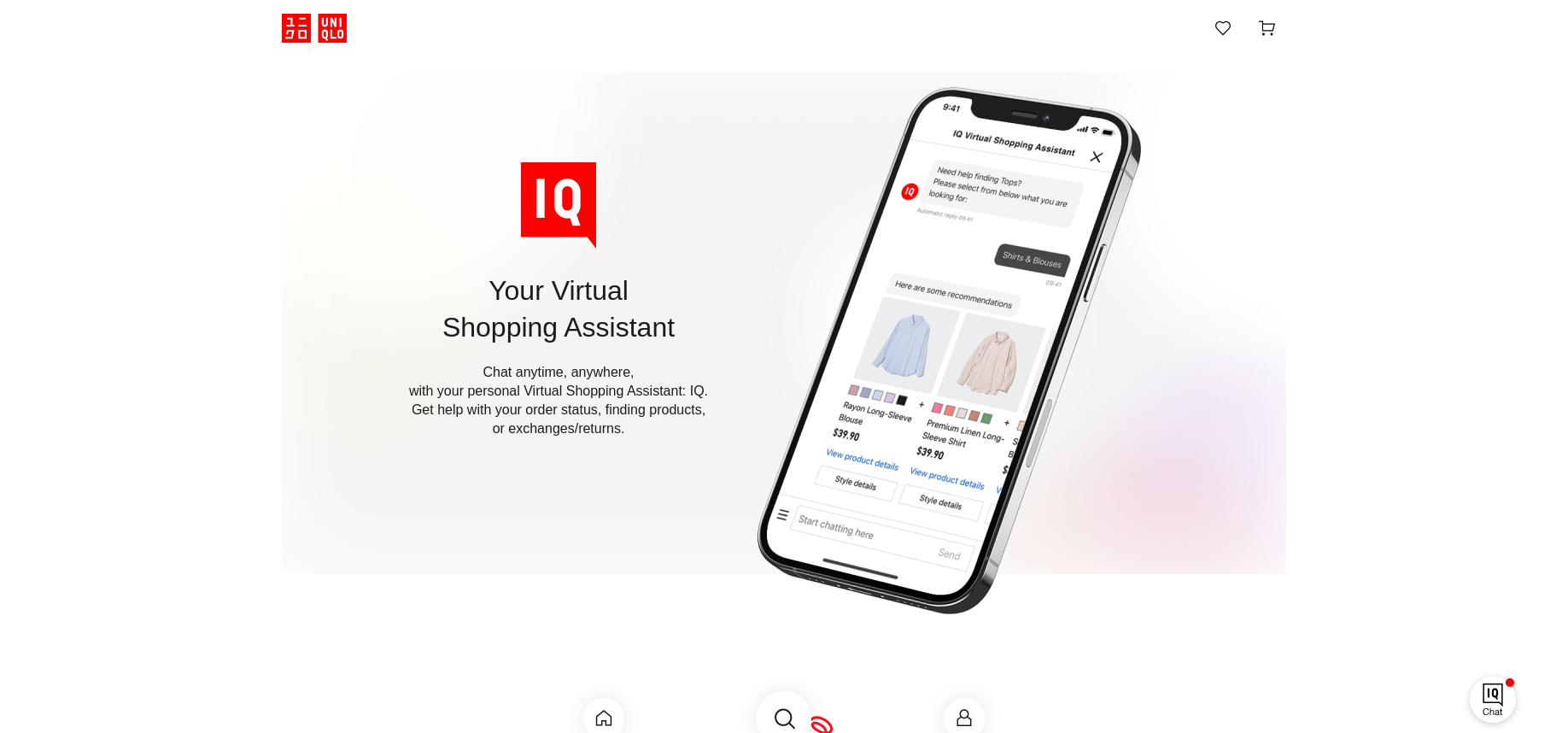 Página web de UNIQLO presentando su asistente virtual de compras llamado IQ. La imagen muestra un teléfono móvil con una interfaz de chat donde el asistente recomienda productos de ropa. El texto explica que el asistente ayuda con el estado de pedidos, búsqueda de productos y devoluciones o cambios. El logotipo de UNIQLO está en la esquina superior izquierda, y un ícono de chat IQ aparece en la parte inferior derecha.