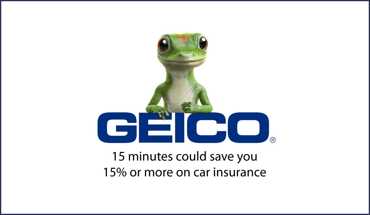 Imagen del logotipo de GEICO con una mascota de gecko encima. El texto debajo del logo dice: '15 minutes could save you 15% or more on car insurance'.
