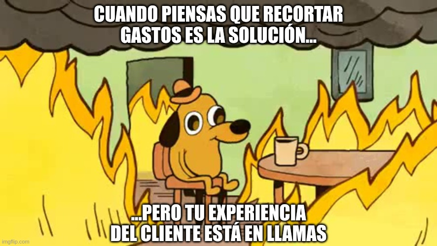 Meme de un perro sentado en una habitación en llamas, con una expresión de calma irónica. El texto superior dice: 'CUANDO PIENSAS QUE RECORTAR GASTOS ES LA SOLUCIÓN...' y el texto inferior añade: '...PERO TU EXPERIENCIA DEL CLIENTE ESTÁ EN LLAMAS'. El meme destaca los peligros de descuidar la experiencia del cliente mientras se enfocan solo en recortar gastos.