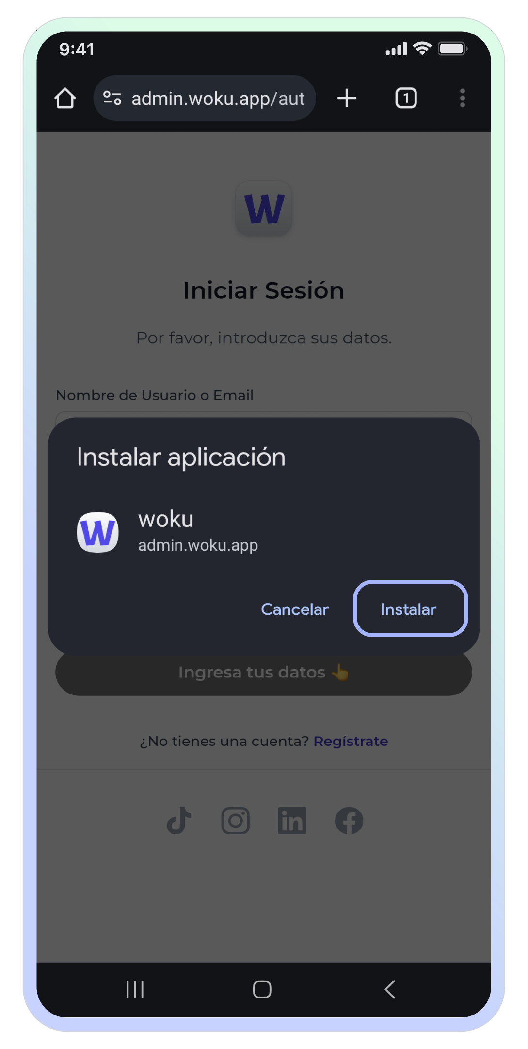 Pantalla en un dispModal de instalación de woku en Android desde Google Chromeositivo Android mostrando un modal emergente para instalar la aplicación web de woku desde Google Chrome. El modal contiene dos opciones: 'Cancelar' para salir del proceso de instalación y 'Instalar' para agregar woku como aplicación a la pantalla principal del dispositivo. La opción 'Instalar' está resaltada, permitiendo proceder con la instalación. El nombre de la aplicación es 'woku' y la URL correspondiente es 'admin.woku.app'.
