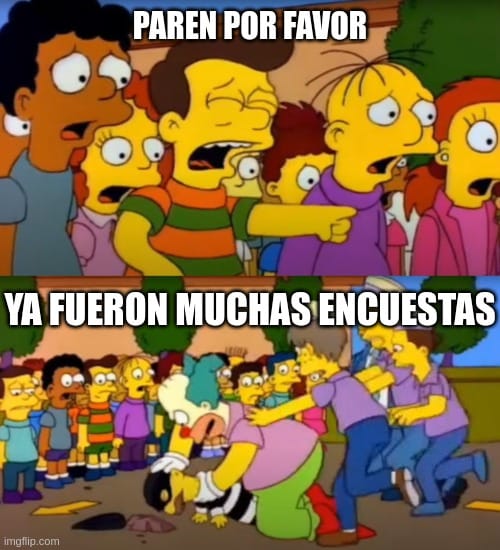 Meme de Los Simpson mostrando a un grupo de niños preocupados. En la parte superior, el texto dice: "Paren por favor", y en la parte inferior: "Ya fueron muchas encuestas". El meme representa la frustración de los clientes al recibir demasiadas encuestas.