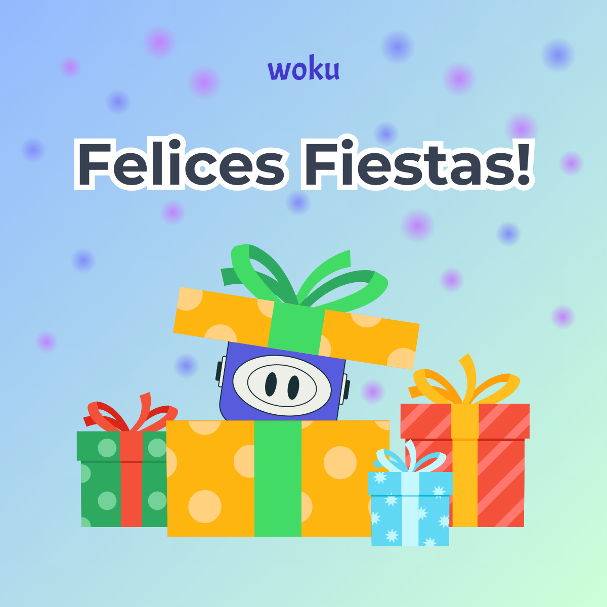 Imagen con fondo azul claro y confeti de colores. En el centro, varias cajas de regalo decoradas con lazos, destacando una caja amarilla con puntos blancos y un lazo verde, de la cual asoma Uk, la mascota de woku, con su característico diseño de robot. En la parte superior, el texto dice 'Felices Fiestas!' con el logotipo de woku arriba.