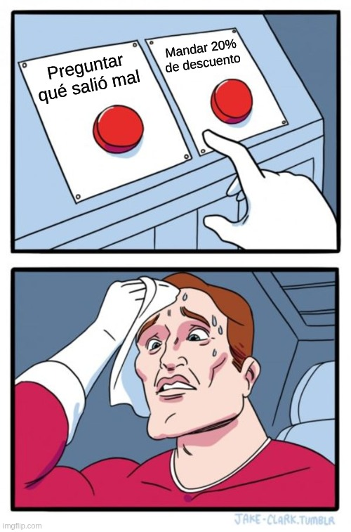 Meme of a person sweating while hesitating between two buttons: “Ask what went wrong” and “Send 20% off”.