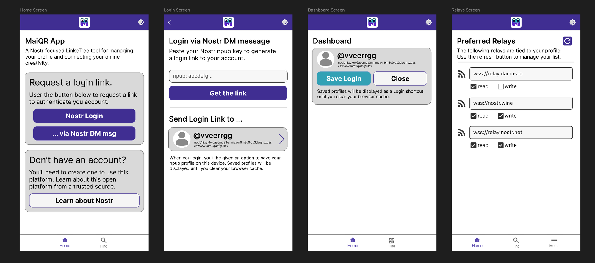 npub.bio mobile app concept screens