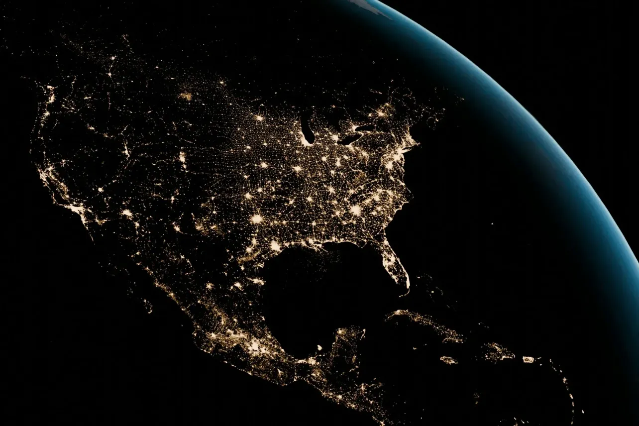 Satellite view of North America at night with dense city lights, representing distributed work across the United States, Canada, and Mexico.