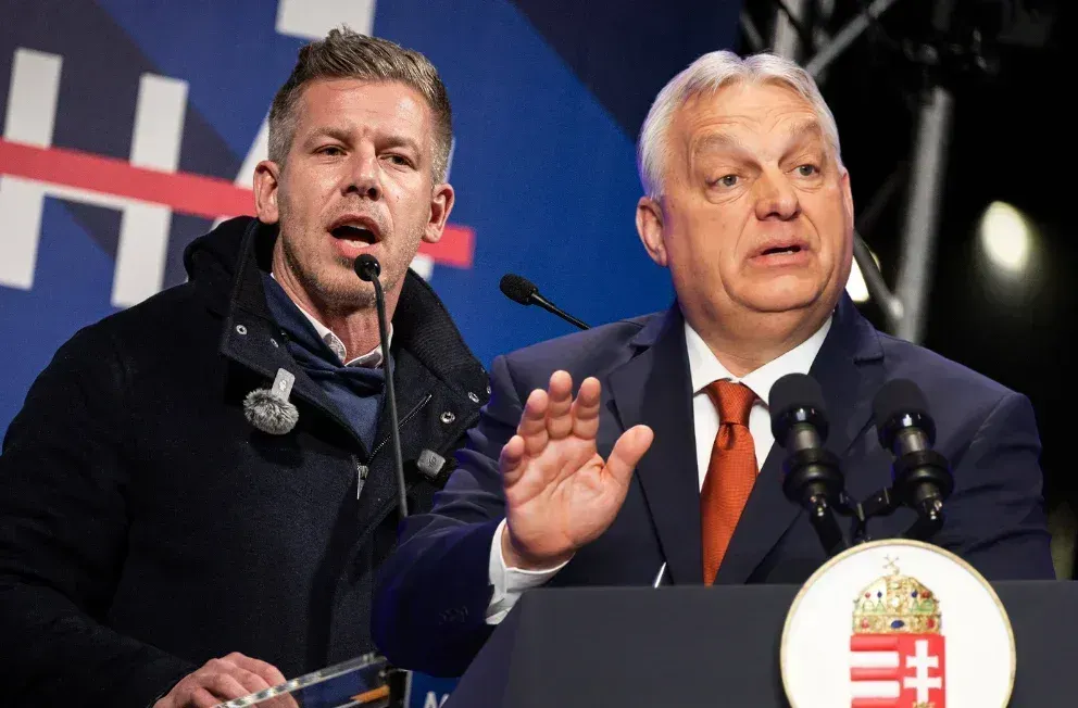 Péter Magyar und Viktor Orbán jeweils vor einem Rednerpult nebeneinander. Collage: Surplus, Material: IMAGO/ZUMA Press Wire
