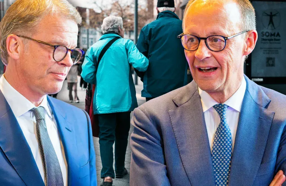 Christian Sewing (l), CEO der Deutschen Bank, und Bundeskanzler Friedrich Merz (r), im Hintergrund ein Rentnerpaar in de. Collage: Surplus, Material: IMAGO/Mike Schmidt/Wolfgang Maria Weber