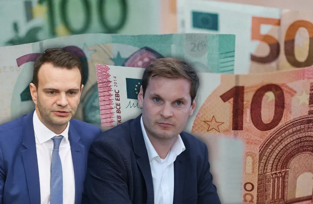 Florian Dorn (l, CSU) und Yannick Bury (r, CDU) jeweils im Portrait, im Hintergrund verschiedene Euro-G. Collage: Surplus, Material: IMAGO/dts Nachrichtenagentur/dts Nachrichtenagentur/Zoonar