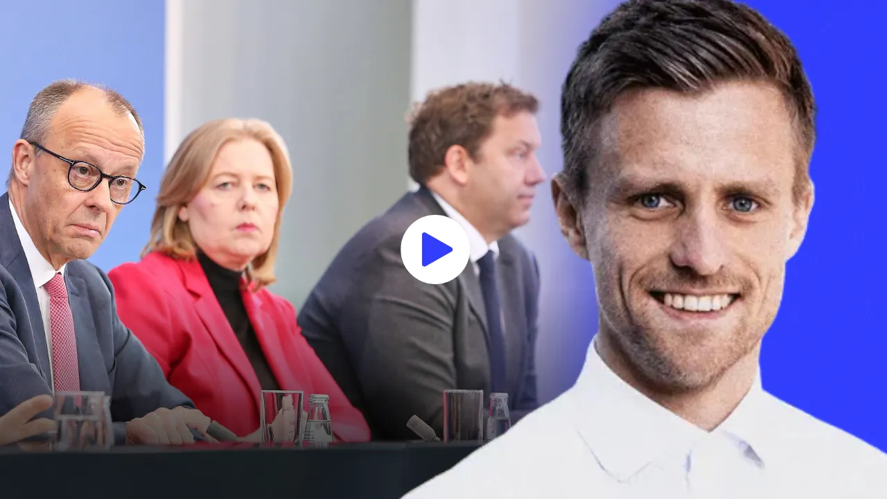 Im Vordergrund rechts Ökonom und Surplus-Redakteur Patrick Kaczmarczyk, im Hintergrund Bundeskanzler Friedrich merz, Arbeitsministeri. Collage: Surplus, Material: IMAGO/dts Nachrichtenagentur