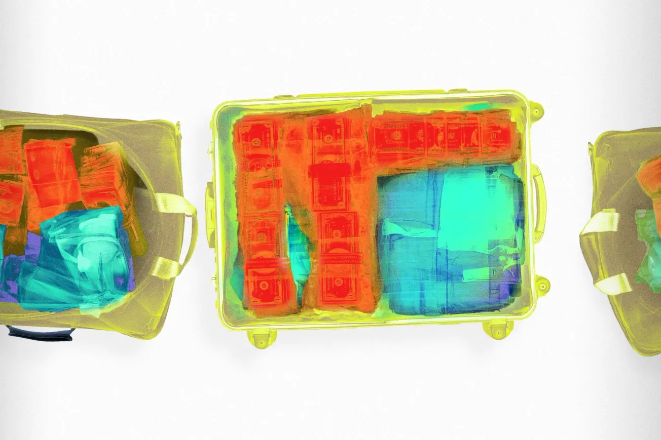 Flughafen-Scan von Koffern, in denen sich Geldbündel befinden. Collage: Surplus