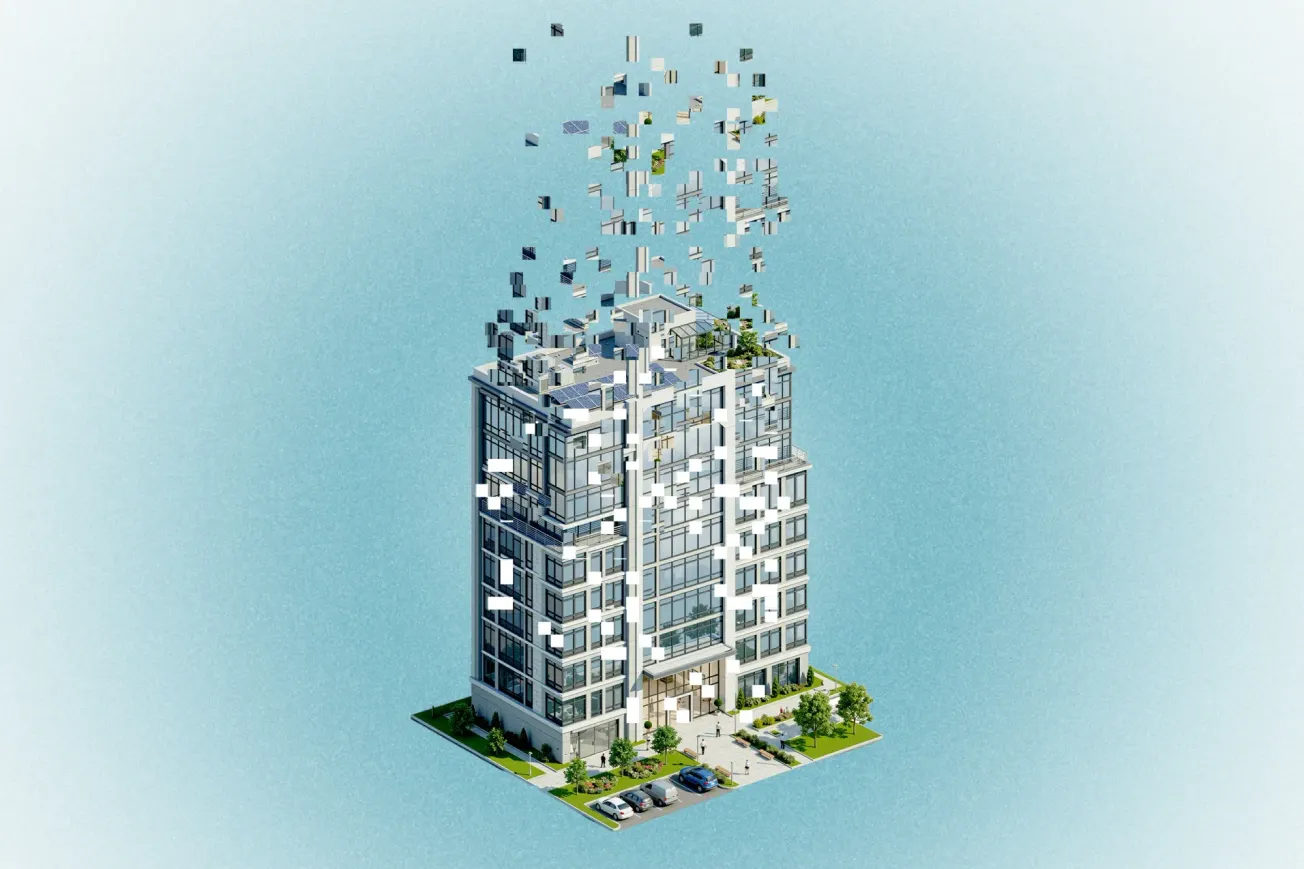 Illustration eines Bürogebäudes, das sich nach oben hin in kleine Teile auflöst. Collage: Surplus