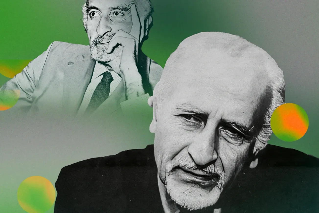 Zwei Portraits von Yusif Sayigh vor einem grünen Hintergrund. Collage: Surplus