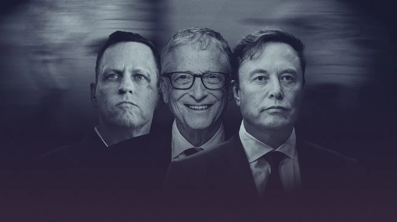 Peter Thiel, Bill Gates und Elon Musk. Collage: Surplus, Material: IMAGO/ZUMA Press Wire, Gage Skidmore, Bogdan Hoyaux/European Union