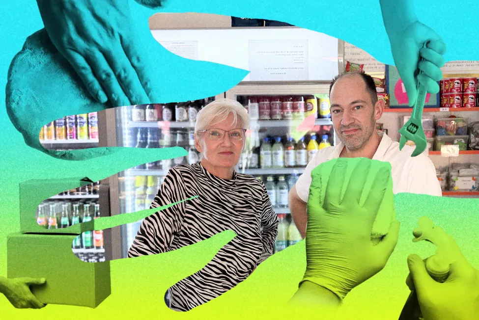 Dagmar Keuenhof und Matthias Kutscha in der Cafeteria im Berliner Prinzenbad. Collage: Surplus, Material: Mareice Kaiser