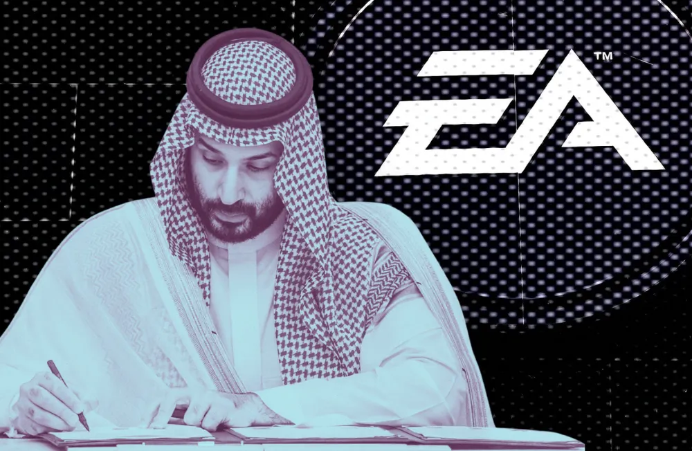 Der saudische Kronprinz Mohammed bin Salman, im Hintergrund das Logo von »Electronic Arts« (EA). Collage: Surplus, Material: IMAGO/APAimages/STEINSIEK.CH