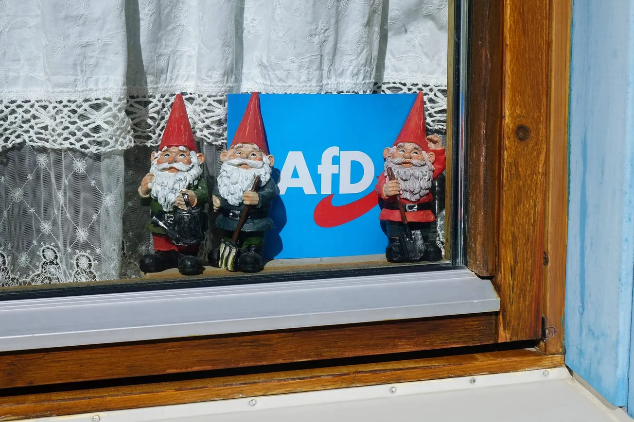 In einem Fenster stehen Gartenzwerge vor einem Logo der AfD. Credit: IMAGO/Steinach