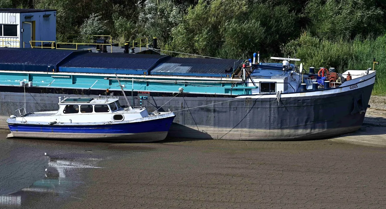 Frachtschiff mit Beiboot auf Sandbank im Rhein. Credit: IMAGO/Udo Gottschalk.