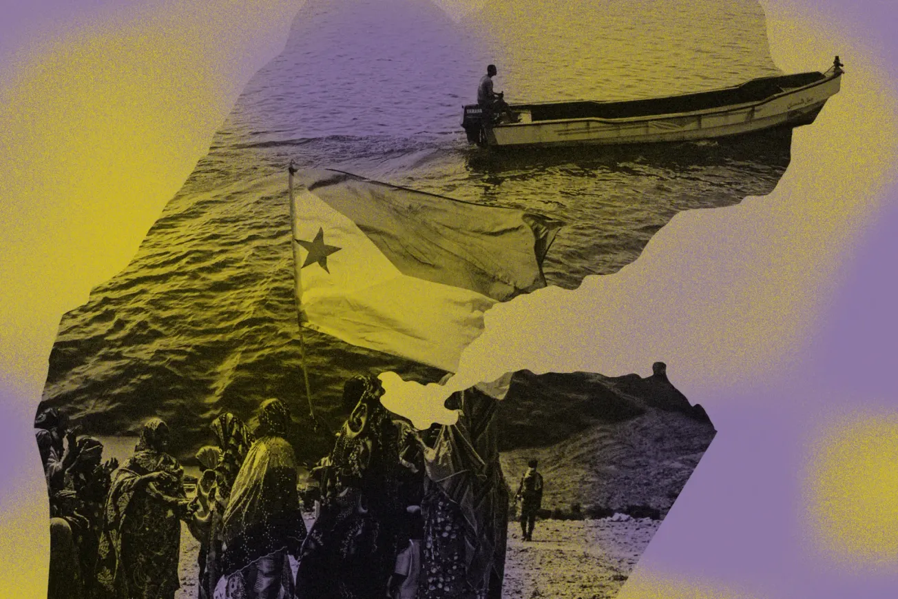 Collage mit Umriss von Dschibuti und Menschen mit Flagge und auf einem Boot. Collage: Surplus, Material: Sitraka Andrinivo