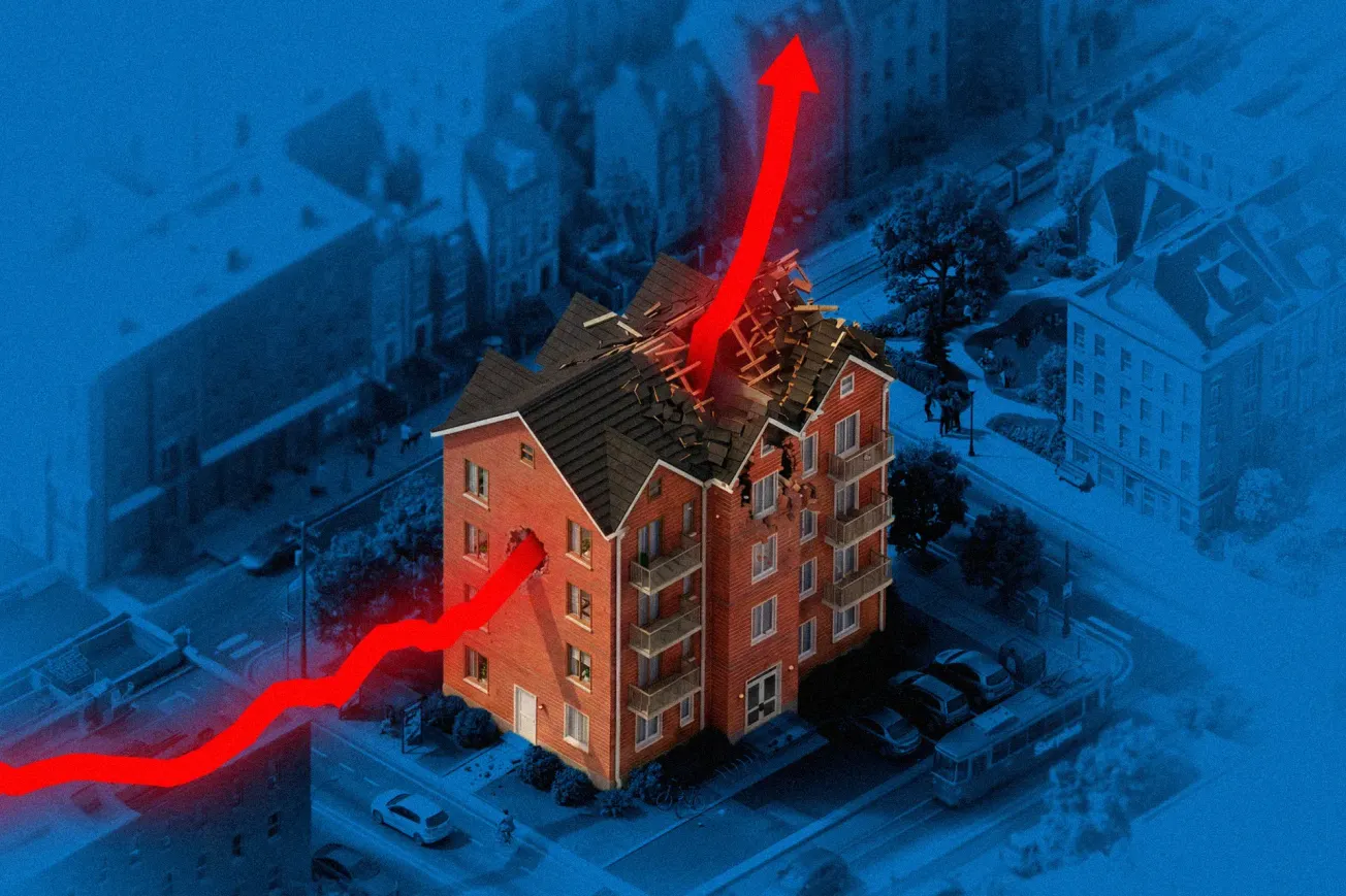 Illustration zeigt roten Pfeil, der durch ein Wohnhaus nach oben steigt. Collage: Surplus