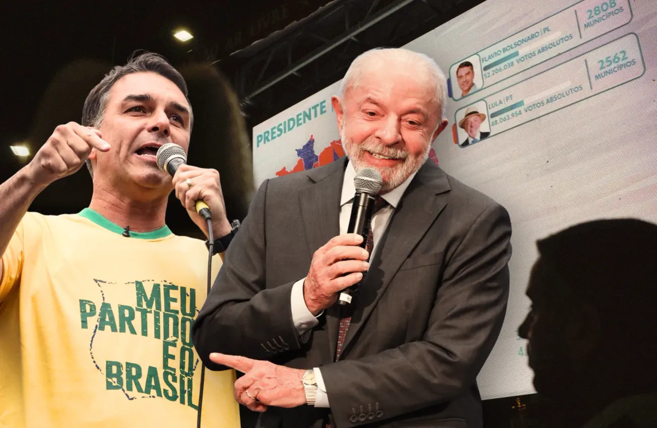 Flávio Bolsonaro (l.), Lula da Silva (r.), im Hintergrund ein Bildschirm mit dem Wahlergebn. Collage: Surplus, Material: IMAGO/Brazil Photo Press/JNA Press