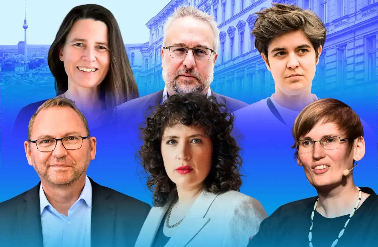 Frank Werneke (l.-r.), Isabel Feichtner, Isabella Weber, Carsten Burchkardt, Marlene Engelhorn und Eva von Redecker in einer Collage, im Hintergrund ein Wohnhaus. 