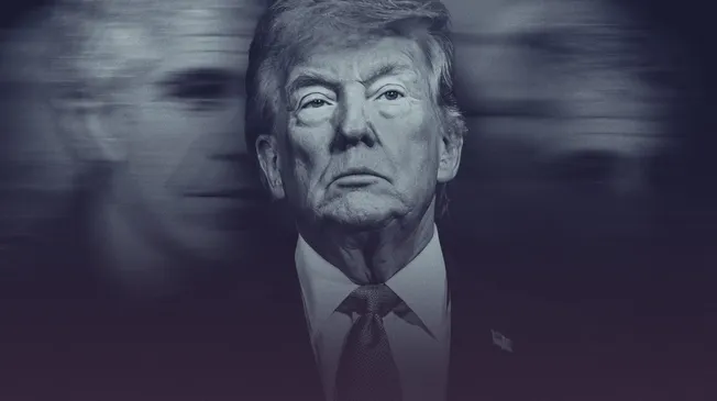 Portrait von Donald Trump, im Hintergrund verschwommen Jeffrey Epstein. Collage: Surplus, Material: IMAGO/ZUMA Press Wire