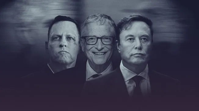 Peter Thiel, Bill Gates und Elon Musk. Collage: Surplus, Material: IMAGO/ZUMA Press Wire, Gage Skidmore, Bogdan Hoyaux/European Union