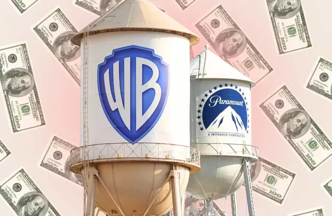 Im Vordergrund zwei Türme mit den Logos von Warner Bros und Paramount und im Hintergrund Dollarscheine. Collage: Surplus, Material: IMAGO/Dreamstime/NurPhoto