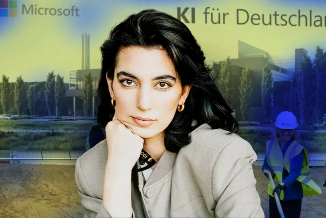 Im Vordergrund Aya Jaff, im Hintergrund Microsoft-Logo und Bau eines Rechenzentrums. Collage: Surplus, Material: SebastianLock, IMAGO/Political-Moments