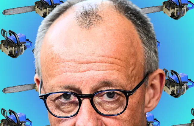 Friedrich Merz im Vordergrund, im Hintergrund Kettensägen. Collage: Surplus, Material: IMAGO/ANP, PhotoEdit