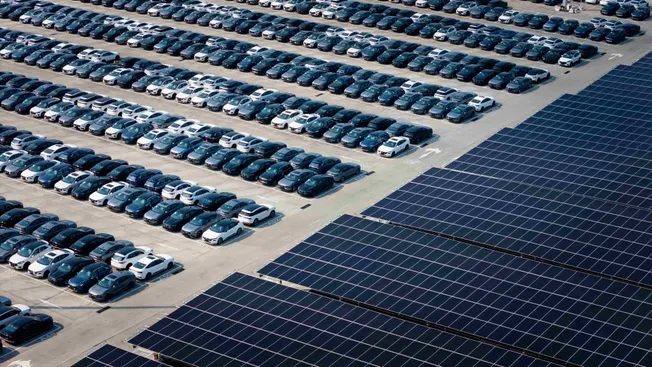 Reihen von E-Autos und Solarpanele in Chongqing, China. Credit: IMAGO/VCG.